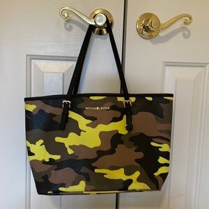 Michael Kors small jet set saffiano leather tote  neon camo